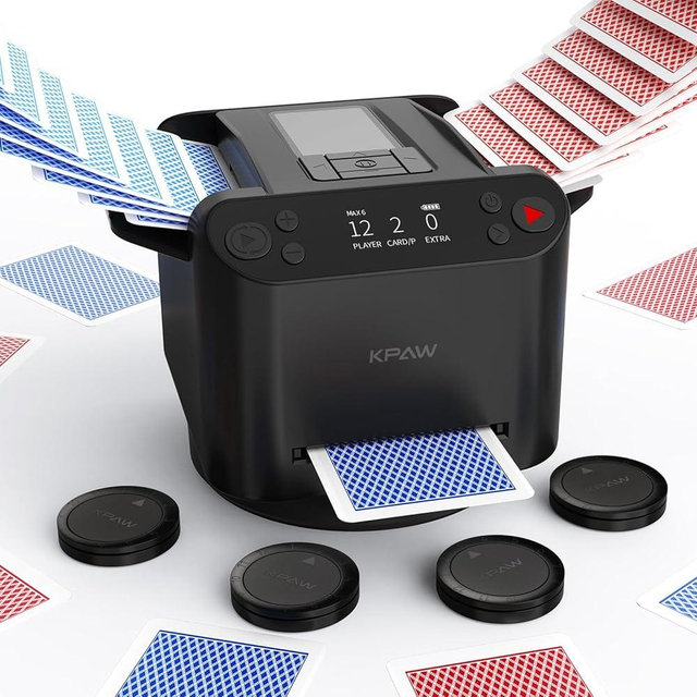 KPAW Automatic Card Shuffler and Dealer - 1-2 Decks Support 12 Players, 4 Drawing Remotes, Built-in Gameplays, 360°/180° Deal, for Poker, UNO, Phase 10, Skip-Bo, Rummy (Black)