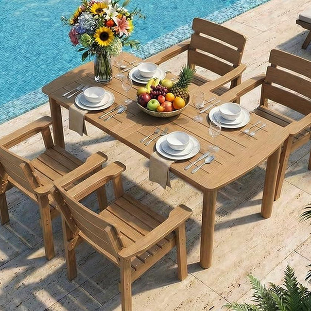 Kibaso 5-Piece Outdoor Dining Set, All-Weather HIPS Patio Table & Chairs for 4, Outdoor Furniture with Umbrella Hole, Ideal for Garden, Poolside, Backyard, Deck, Teak