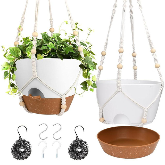 Hanging Planters for Indoor Outdoor Plants, 2 Pack Self Watering Hanging Pot with Drainage Holes, Removable Tray & 2 Kinds of Plant Hangers, 10'' Hanging Flower Pots for Home Garden Decor, White