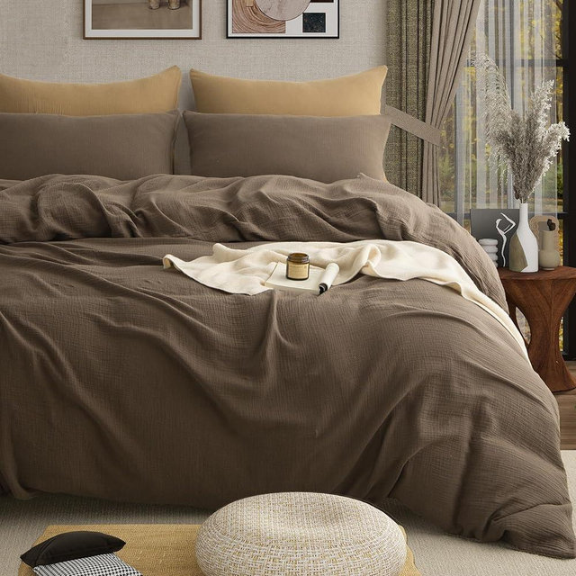 AGSIT Muslin Duvet Cover 100% Washed Cotton, Queen Size Duvet Cover Set Linen Like, Minimalist Soft Comforter Cover 3 Pieces, Lightweight Gauze Duvet Cover with 2 Pillowcases, 90”x90”, Dark Brown