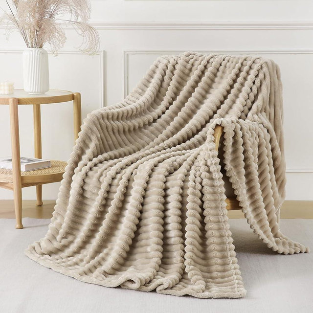 YIICKO Khaki Throw Blanket for Couch Sofa 50x60 inches Striped Fleece Blankets Room Home Decor Lightweight Plush Soft Cozy Gifts for Women Mom Girls