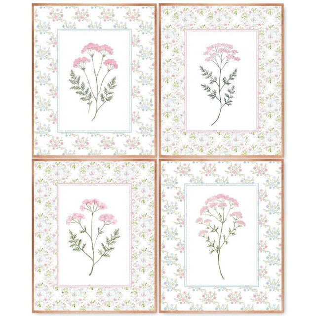 laveliabel Pink Vintage Floral Wall Art Prints Set of 4 Unframed, Chinoiserie Wall Decor, Floral Room Decorations, Pastel Pink Grandmillennial Poster Prints for Girls Room Dorm Decor 8x10inches