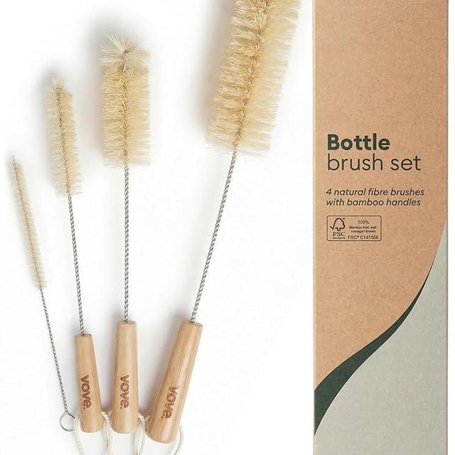 Vove Bottle Brush Set, 4 Natural Sisal Bottle Brushes with Long Bamboo Handles, Plastic-Free Bottle & Straw Cleaner Set, Zero Waste, Stainless Steel Wire, FSC Certified Bamboo, Kraft Packaging