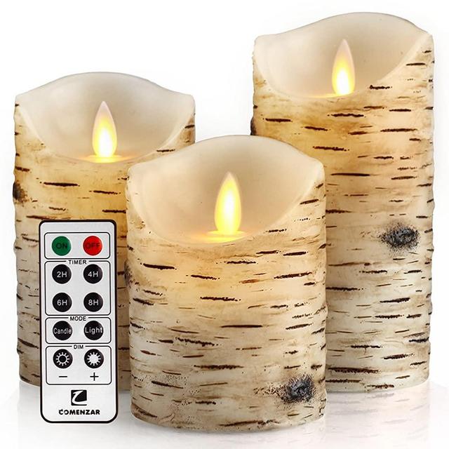 comenzar Flickering Candles, Candles Birch Set of 4 5" 6" Birch Bark Battery Candles Real Wax Pillar with Remote Timer