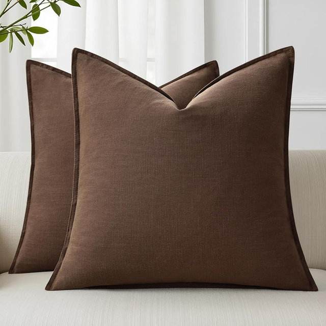 decorUhome Christmas Decorative Linen Throw Pillow Covers 26x26 Inch Set of 2 Chocolate Soft Pillow Covers with Flange Edges Soft Farmhouse Boho Accent Pillow Cases for Couch Sofa Bed Living Room