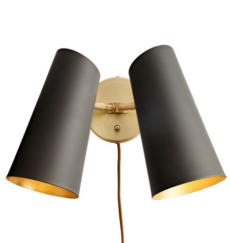 Cypress Double Sconce Plug-In, Gold with Black Shades