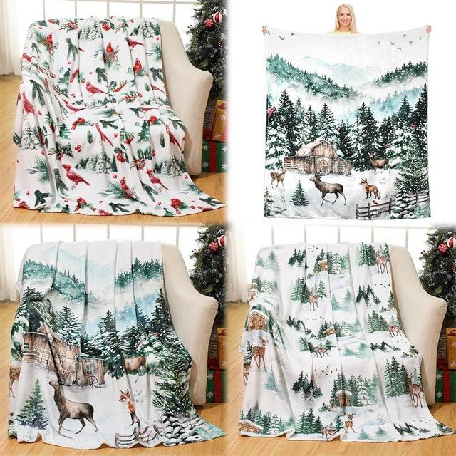 Buryeah 3 Pcs Christmas Throws Blanket Set Christmas Flannel Blanket Plush Holiday Decorative Throw Cozy Soft Warm Blankets 50 x 60 Inch for Bed Sofa Camping Travel (Green,Forest)
