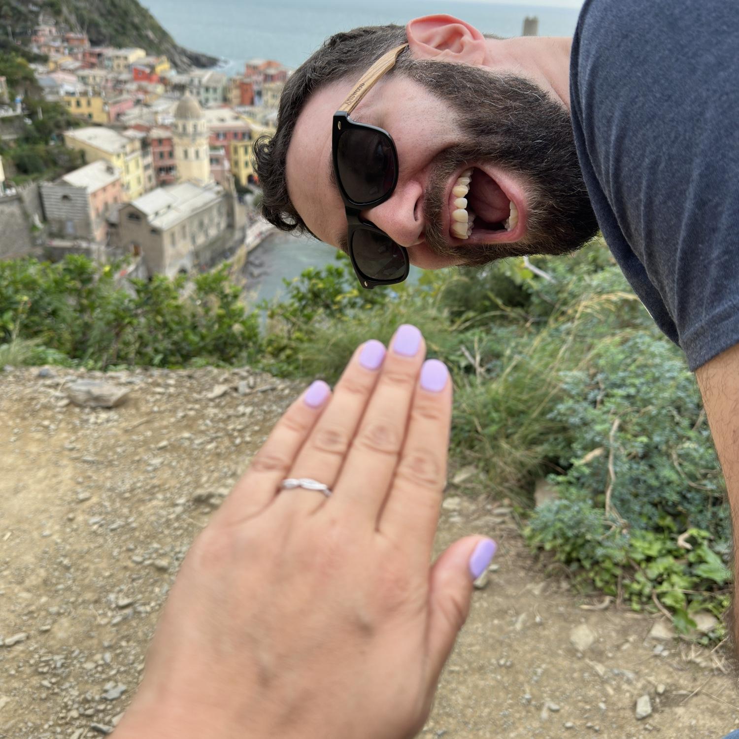 Brian proposed with the wedding band, and had the engagement ring when we were back stateside!