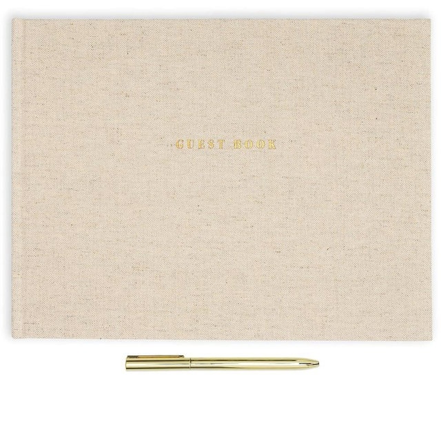 ELYN Linen Guest Book, Sign in Book for Wedding Reception, Birthday, Baby Shower & Events, Matching Gold Gel Pen, Photo Pockets & Table Sign, 80 Pages (Blank & Lined), Large, 11.5 in x 8.5 in (Linen)