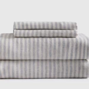 European Linen Fitted Sheet Set - King - Mist/White Stripe
