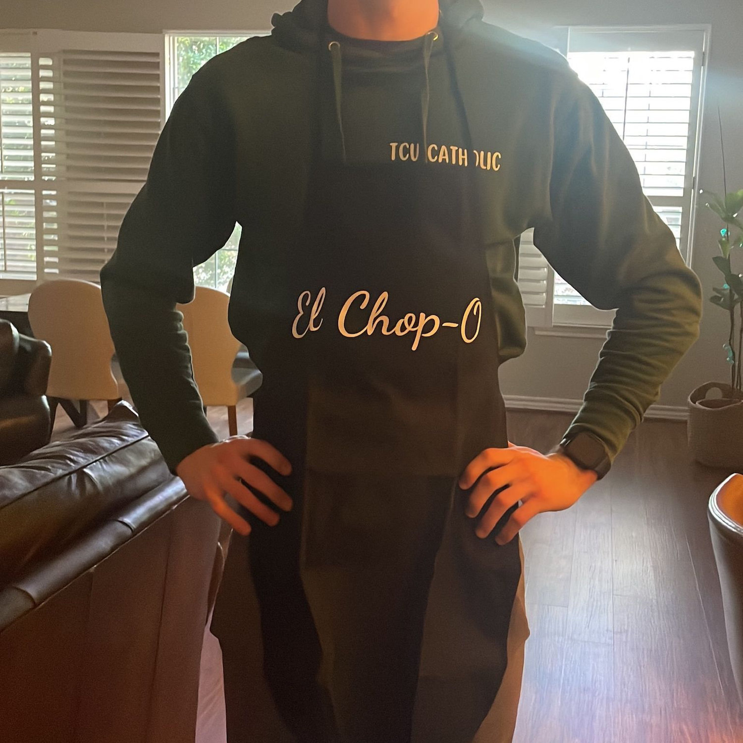 Jay's mom joked that Charley was secretly a drug lord trying to kidnap Jalyn when they went to the Stockyards on a date--giving birth to "El Chapo." What better way to commemorate it than on an apron?