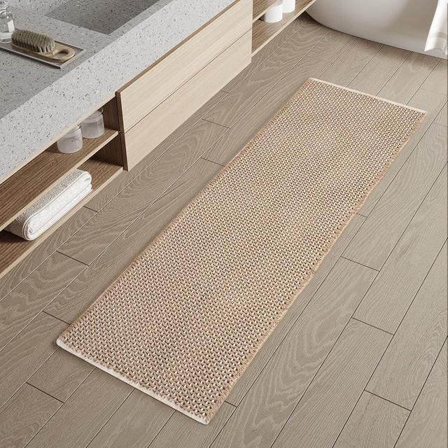 Checkered Bath Mat Runner, Super Absorbent Non Slip Bathroom Runner Rug Modern Two Tone Woven Washable Runners for Hallways Entryway Bedroom Laundry Room Kitchen Under Sink, 2' x 6', Brown & Cream