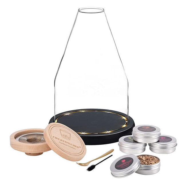 CREATIVECHEF Cocktail Smoker, Old Fashioned Whiskey Smoker Kit With Glass Dome and Wood Base, 4 Flavors of Wood Chips for Drink, Cocktails, Wine, Whiskey and Bourbon Smoker (Base With Light, Batteries Not Included)