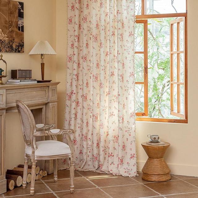 ENJOYBRIDAL Pink Floral 96 Inch Curtains 2 Panel Set Boho Tassel Drapes Farmhouse Rod Pocket Semi Sheer Long Window Curtains Bedroom Living Room Rustic Dining Room Aesthetic Decor Window Treatments
