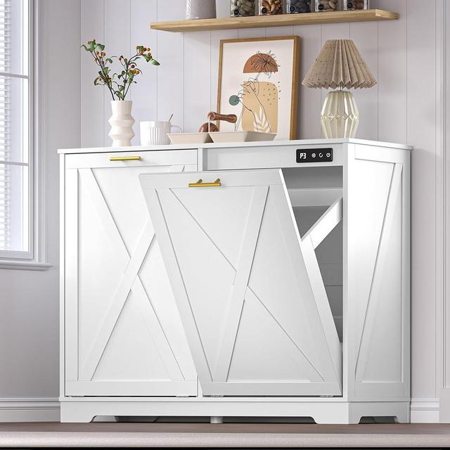 BORNOON Tilt Out Trash Can Cabinet with 2 Bins, Hidden Recycle Garbage Bin Enclosure, Wooden Double Laundry Cabinet with Odor Control, Negative Ion & Ozone, for Kitchen, Bathroom, Laundry Room (White)