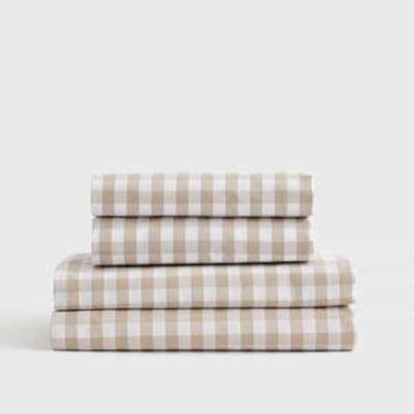 Queen - Classic Organic Percale Gingham Sheet Set in Cafe