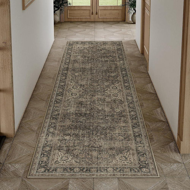 WondRg 2x6 Washable Brown Vintage Runner Rug for Kitchen Hallway Non-Slip Low Pile Soft Thin Carpet Traditional Retro Distressed Accent Throw Rug for Entryway Bathroom Indoor Bedroom