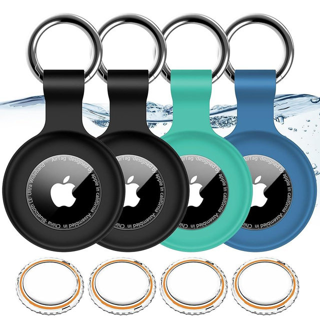 4 Pack,IPX8 Waterproof Airtag Holder for Apple Air Tags with Air Tag Keychain,Shockproof GPS Cases [Anti-Scratch] [PC+Silicone] Air-Tag Item Finders Cover,Lovely Air Tags Cover,Black/Black/Green/Blue