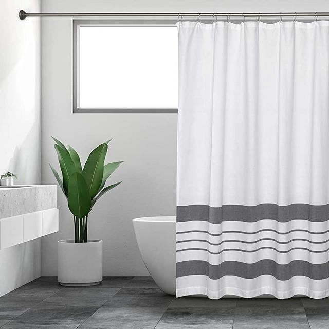 Sticky Toffee Woven Cotton Fabric Shower Curtain, 72 in x 72 in, White with Gray Thick Stripe