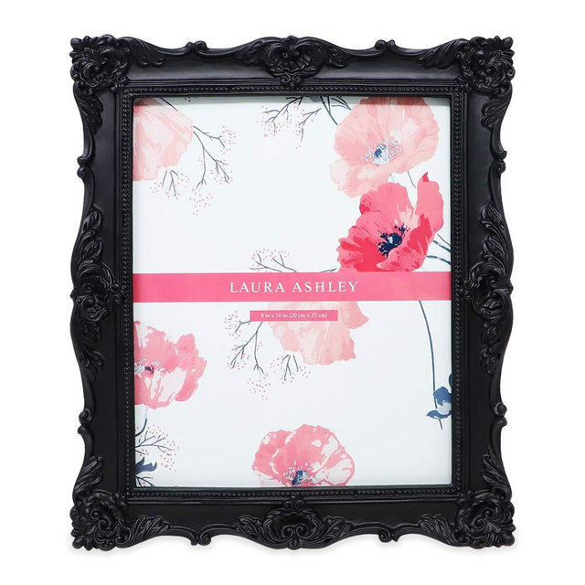 Laura Ashley 8x10 Black Ornate Textured Hand-Crafted Resin Picture Frame with Easel & Hook for Tabletop & Wall Display, Decorative Floral Design Home Decor, Photo Gallery, Art, More (8x10, Black)