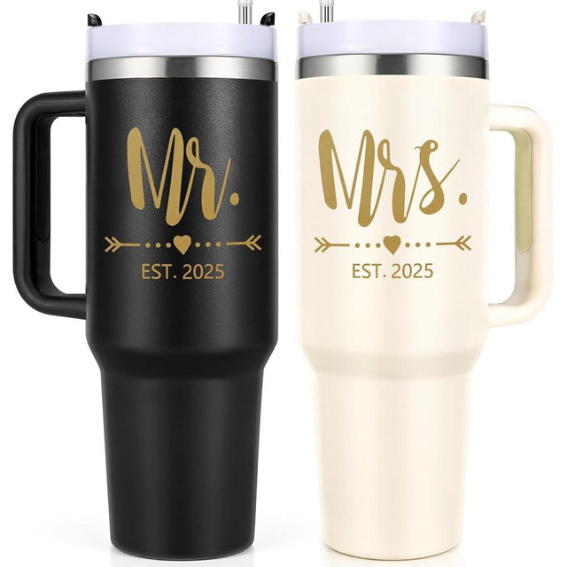 Qtencas Mr and Mrs Gifts, Mr and Mrs EST 2025 Stainless Steel Travel Tumblers Set, 40 oz 2025 Travel Mug for Couples Newlyweds, Engagement Wedding Gifts, Bridal Shower Anniversary Cups（Black & Beige）