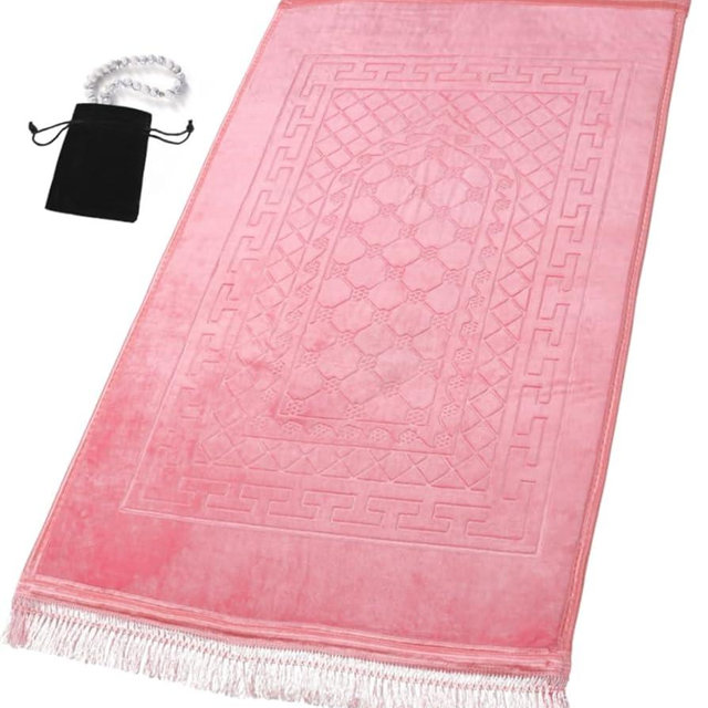 Prayer Rug Muslim Mat Islamic - Thick Prayer Rug Sajadah for Kids Men Women with Islam Prayer Beads for Eid Travel Ramadan, Soft and Luxury (Pink)