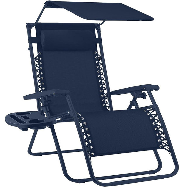 Best Choice Products Folding Zero Gravity Outdoor Recliner Patio Lounge Chair w/Adjustable Canopy Shade, Headrest, Side Accessory Tray, Textilene Mesh - Navy