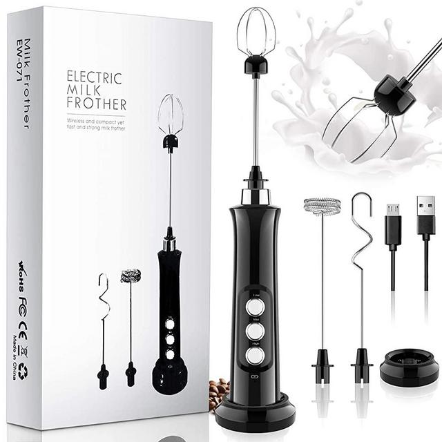 Milk Frother Handheld Sross Electric Foam Maker USB Rechargeable Coffee Frother with 3 Stainless whisks, 3 Speed Adjustable Mini Blender for Coffee, Latte, Cappuccino, Egg Whisks, Hot Chocolate (Black)