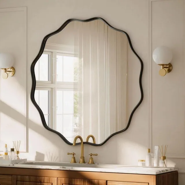 BEAUTYPEAK 30" Wavy Round Bathroom Mirror Wall Mounted Mirror Vanity Mirror with Metal Frame, Black