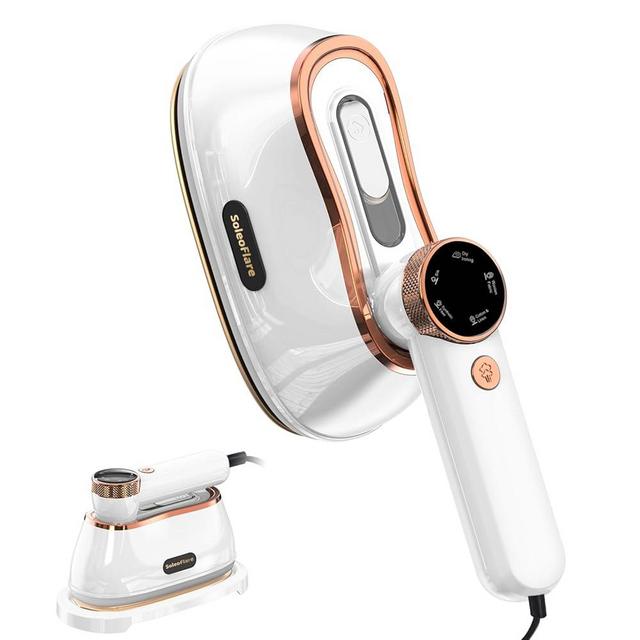 SoleoFlare Steamer Iron for Clothes 2in1, 1200W Handheld Plancha, 5 Modes LCD, 180ml for 20 Min Steam, UL 141 Tests Passed, White, 120V