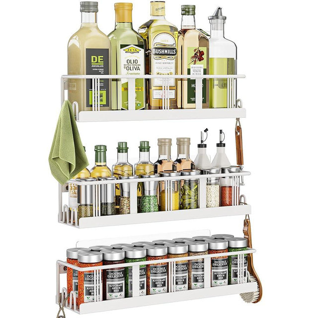 Bunoxea Spice Rack Wall Mounted 3 Pack, Space-Saving Spice Organizer for Spice Jars and Seasonings,Screw or Adhesive Hanging Spice Rack Organizer for Your Kitchen Cabinet,or Pantry Door White
