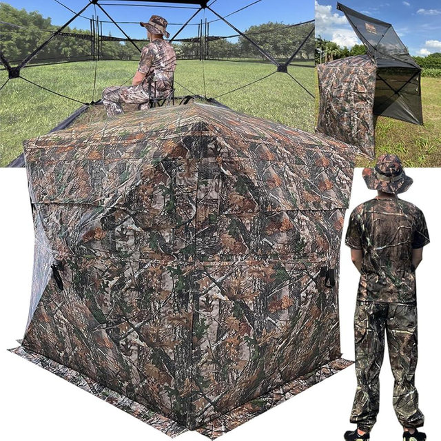 LUCKUNTER 360 Degree See Through Hunting Blind 2/3/4 Person Ground Camouflage Pop Up Hunting Blind for Turkey Deer Hunting