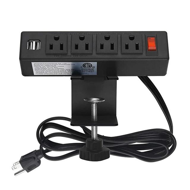 HHSOET Desk Clamp Power Strip, Desktop Power Outlet Clamp Mount with 2 USB Ports, 4 AC Outlets, Mountable Desk Outlet Removable Power Plugs with 6ft Cord (4AC2USB-Black)