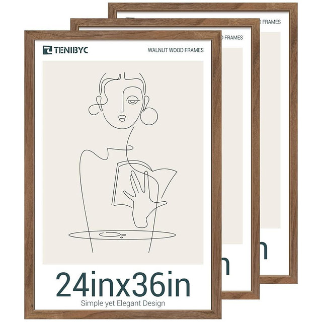 TENIBYC 24x36 Poster Frame Set of 3 - Brown Walnut, Natural Solid Wood Picture Frame, Wall Hanging
