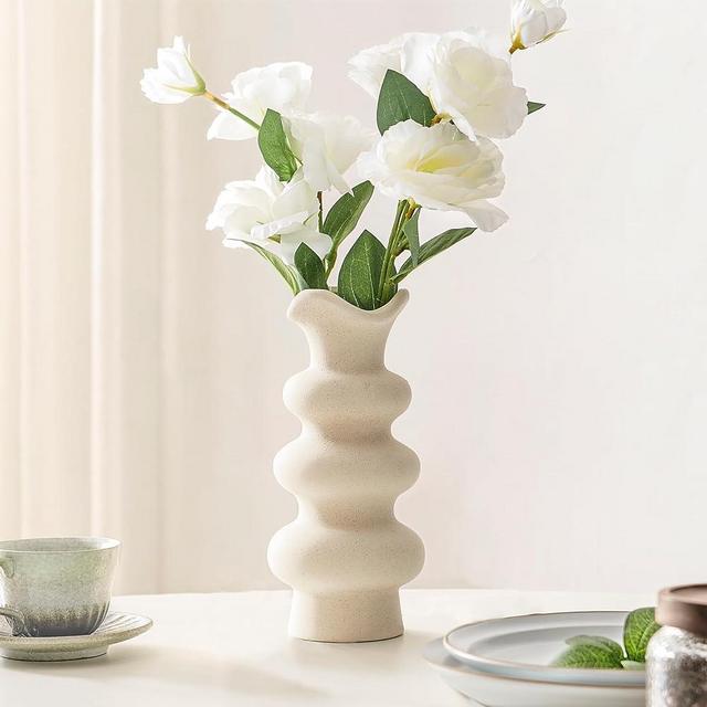 Ngardk Modern Decorative White Ceramic Vases for Home Decor, Abstract Minimalist Vase for Pampas Grass, Boho Flower Vase, Aesthetic Cream Vase
