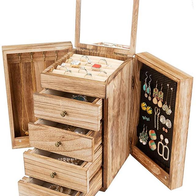 Meangood Jewelry Box Wood for Wowen, 5-Layer Large Organizer Box with Mirror & 4 Drawers for Rings, Earrings, Necklaces, Vintage Style Torched Wood