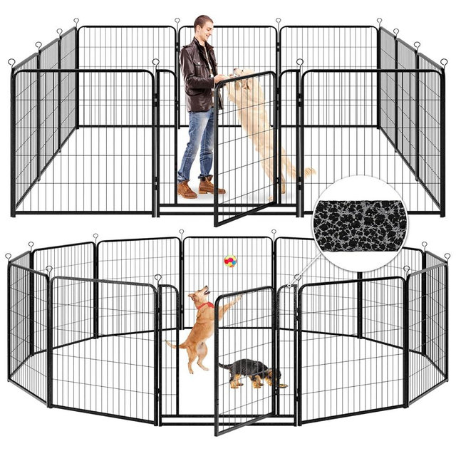 Kfvigoho Dog Playpen Outdoor Extra Wide 12 Panels Heavy Duty Anti-Rust Coating-Strengthened Dog Fence 40" Height with Doors Portable for RV Camping Yard, Total 32FT, 79 Sq.ft, Snowy Black