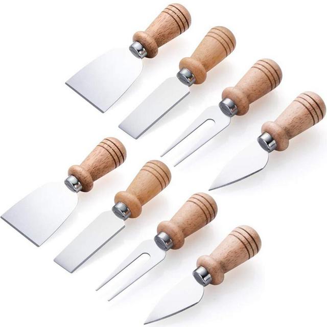 Bekith 8 Pieces Set Travel Cheese Knives with Wood Handle, Stainless Steel Cheese Slicer Cheese Cutter, 2 Cheese Knife, 2 Cheese Shaver, 2 Cheese Fork and 2 Cheese Spreader