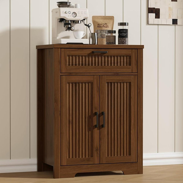 Buffet Cabinet with Storage Drawer, Farmhouse Coffee Bar Table with Storage Drawer and Adjustable Shelf, Small Fluted Sideboard Cabinet for Kitchen, Dining Room, Living Room, Entryway, Modern Walnut