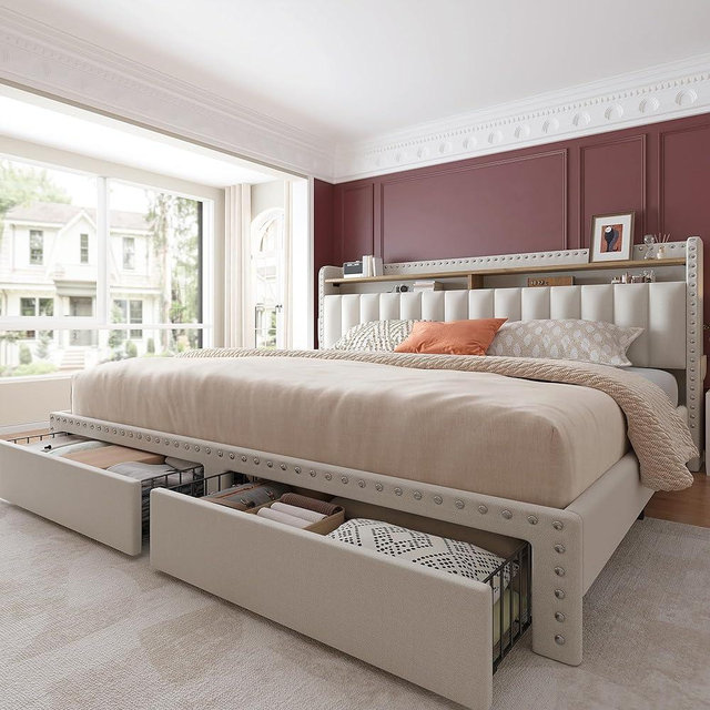 EnHomee King Size Bed Frame with Storage and Headboard, Upholstered King Bed Frame with Storage, King Bed Frame with 2 Drawers, King Size Bed Frame with Storage, NO Noise,No Box Spring Needed