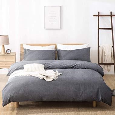 SORMAG 100% Washed Cotton Duvet Cover 3 Piece, Comforter Cover Queen Full Size, Solid Color and Ultra Soft with Zipper Closure, Corner Ties, Simple Bedding Style, Gray