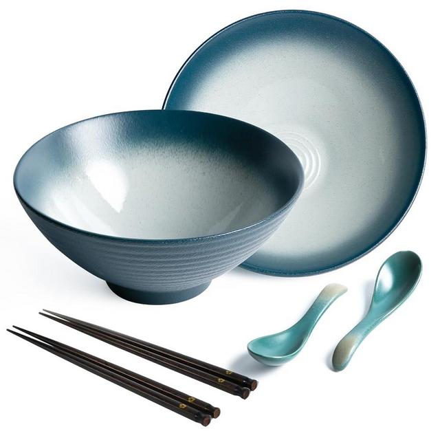 Niturceal 40 oz Ceramic Ramen Bowl Set of 2, Ramen Noodle Bowl with Spoons and Chopsticks 8 Inch Japanese Retro Style Large Soup, Pho, Udon Bowls, Microwave & Dishwasher Safe, Blue