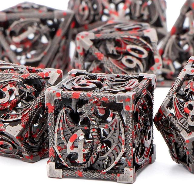 KERWELLSI Hollow DND Metal Dice Set with Box, 7 Pcs Blood Spattered Dungeons and Dragons Polyhedral D&D Dice Sets, D and D D+D RPG Role Playing Games Dice D20 D12 D10 D% D8 D6 D4