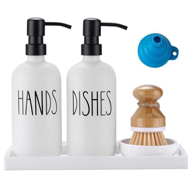 Glass Soap Dispenser for Kitchen Sink,Farmhouse Kitchen Dish Soap Dispenser&Hand Soap Dispenser Set,Rustproof Pump Soap Dispenser Set with Tray and Dish Brush,Kitchen Decor（White）