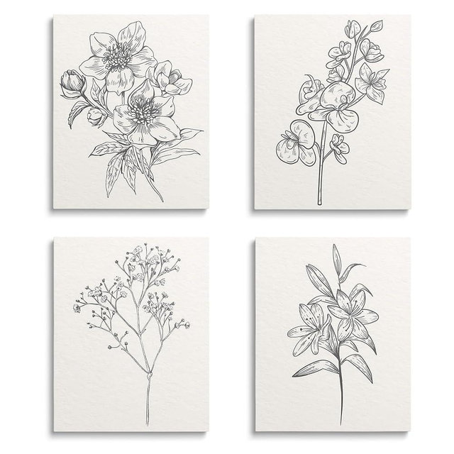 8" x 10" Floral Wall Art Posters Prints - Set Of 4 Minimalism Flowers Poser Frames For Living Room, Bedroom, Office Decoration - Vintage Botanical Artwork Pictures Home Decor - A02