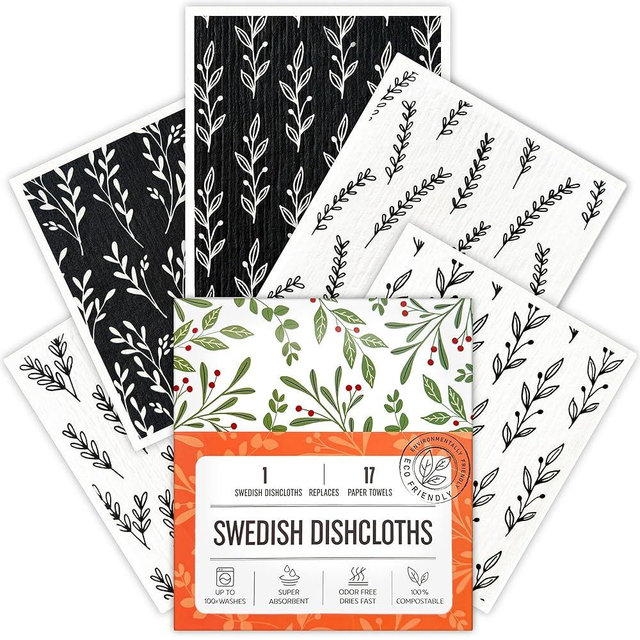 Augine Swedish Dishcloths for Kitchen, 5 Pack Reusable Paper Towels Washable, Super Absorbent Swedish Dish Cloths, Non-Scratch, No Odor