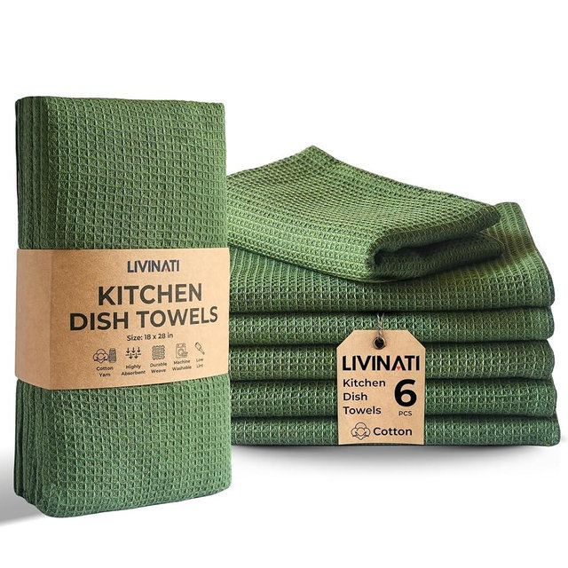 LIVINATI Highly Absorbent Cotton Dish Towels for Drying - Set of 6 Sage Green Kitchen Towels - 18"X28" Lint Free Waffle Weave Cloth Linen Hand Bathroom Bulk Dishtowels