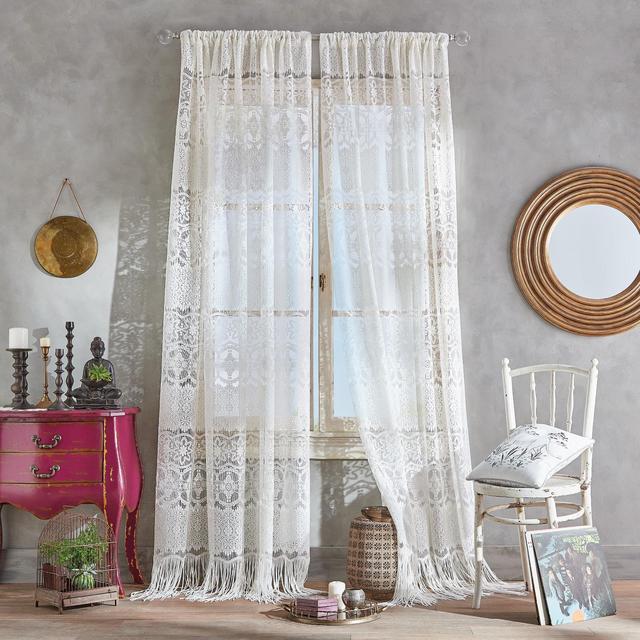95" BOHO Lace Poletop Curtain Panel Ivory