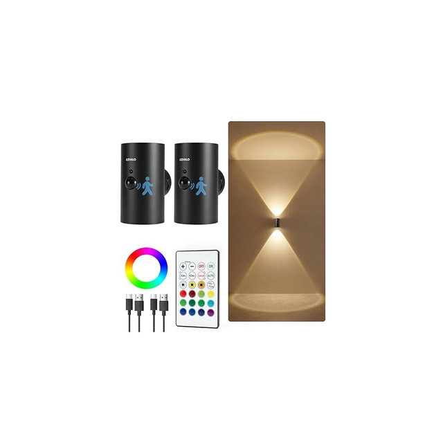 EZVALO Motion Sensor Wall Light, 4000mAh Rechargeable Battery Operated Wall Sconce, RGB & 3 Color Temps with Remote, Wireless Ambient Light for Living Room, Hallway, Apartment (2 Pack, Black)