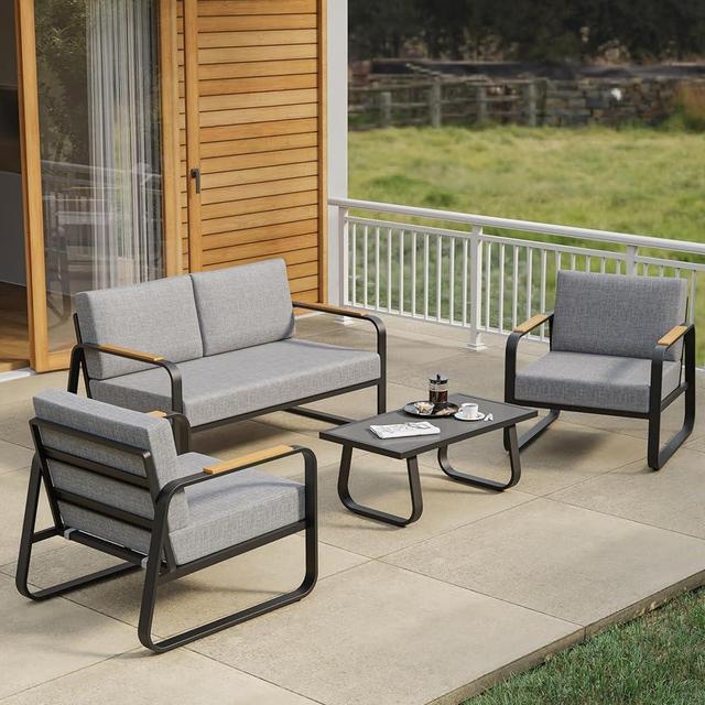 EAST OAK 4-Piece Patio Furniture Set, Outdoor Patio Set w/Removable & Washable Deep Seating Cushion, Outside Patio Conversation Sets for Backyard, 2024 New Upgrade Design, Black & Misty Gray